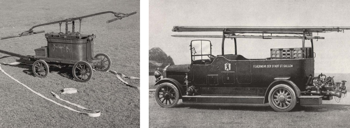 Manual fire extinguisher from 1834 and fire brigade automobile with Sulzer pump from 1923.