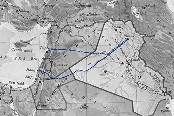 Map showing the pipeline installation from Kirkuk to Haifa and Tripolis in 1934.