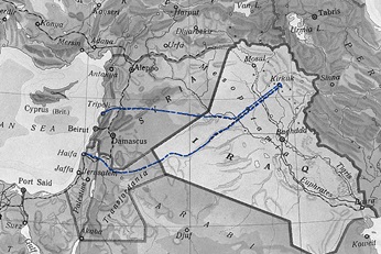 Map showing the pipeline installation from Kirkuk to Haifa and Tripolis in 1934.