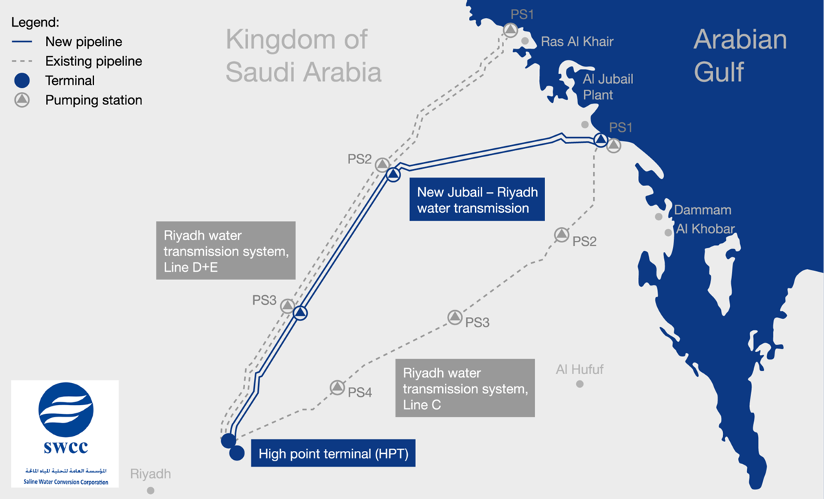 The new Jubail-Riyadh water pipeline map