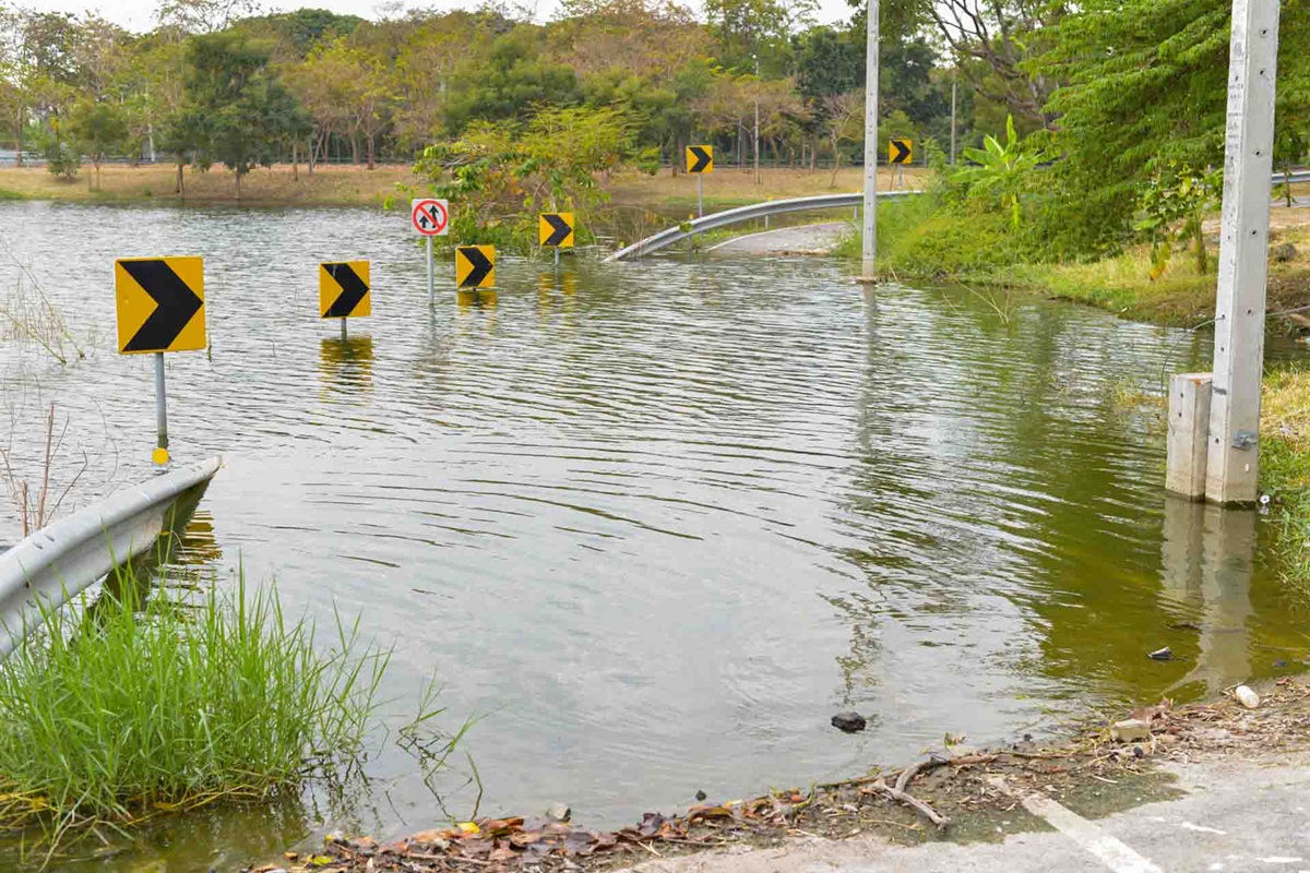 Flooded street and street signs in water