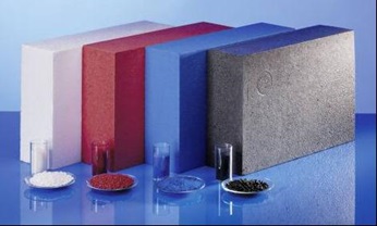 Colored expandable Polystyrene EPS as pellets and final product in white, red, blue and black