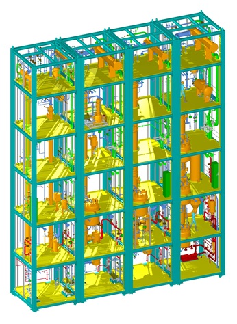 3D-Graphic of a product mill over six floors