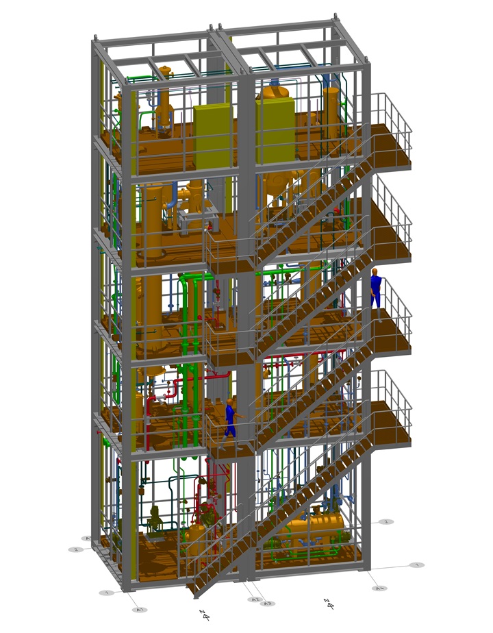 3D-Graphic of a product mill over five floors 