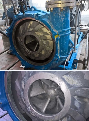 Above: EMW pump during inspection Below: Close inspection shows no significant wear during the test period