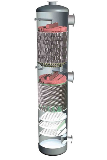 Distillation tower with different types of internals
