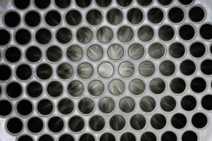 Detail view of tubes inside a tube sheet falling film evaporator
