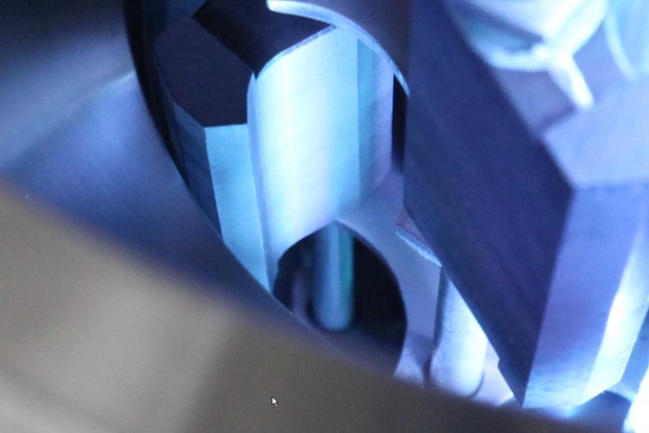 Detail view inside a Sulzer short path evaporator illuminated in blue
