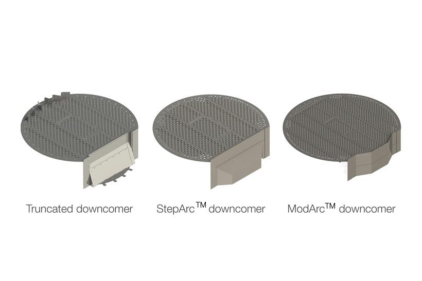 Graphic of three different high performance trays with different downcomers