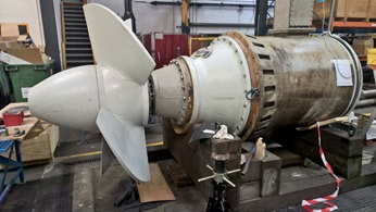 Kaplan turbine in hydroelectricity installation.