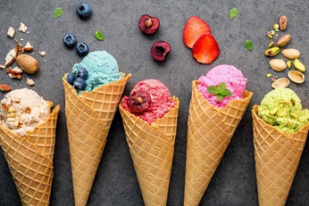 Ice cream with cone and different flavors