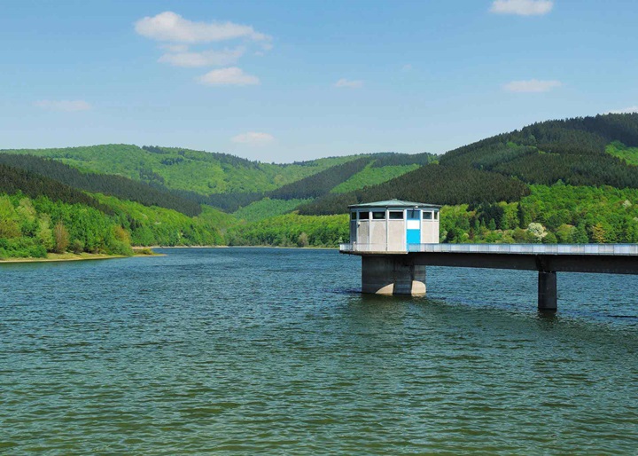 Lake with water intake pump installation