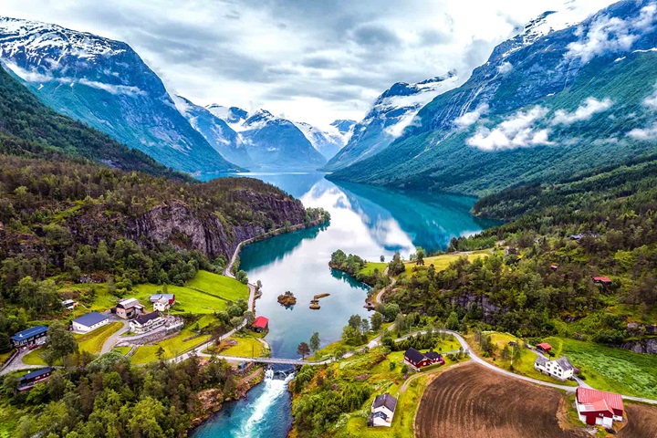 Beautiful Nature Norway natural landscape aerial photography with lake and river and mountains