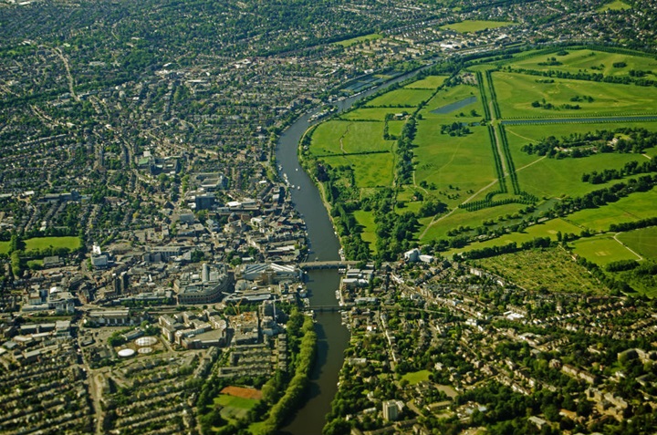 A city with a river photographed from bird's eye