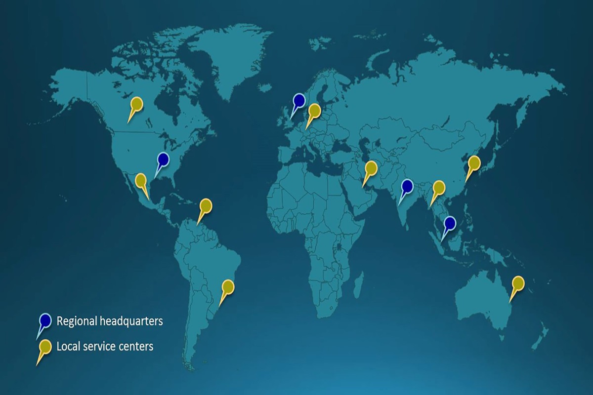 World map with locations of Tower Field Service from Sulzer
