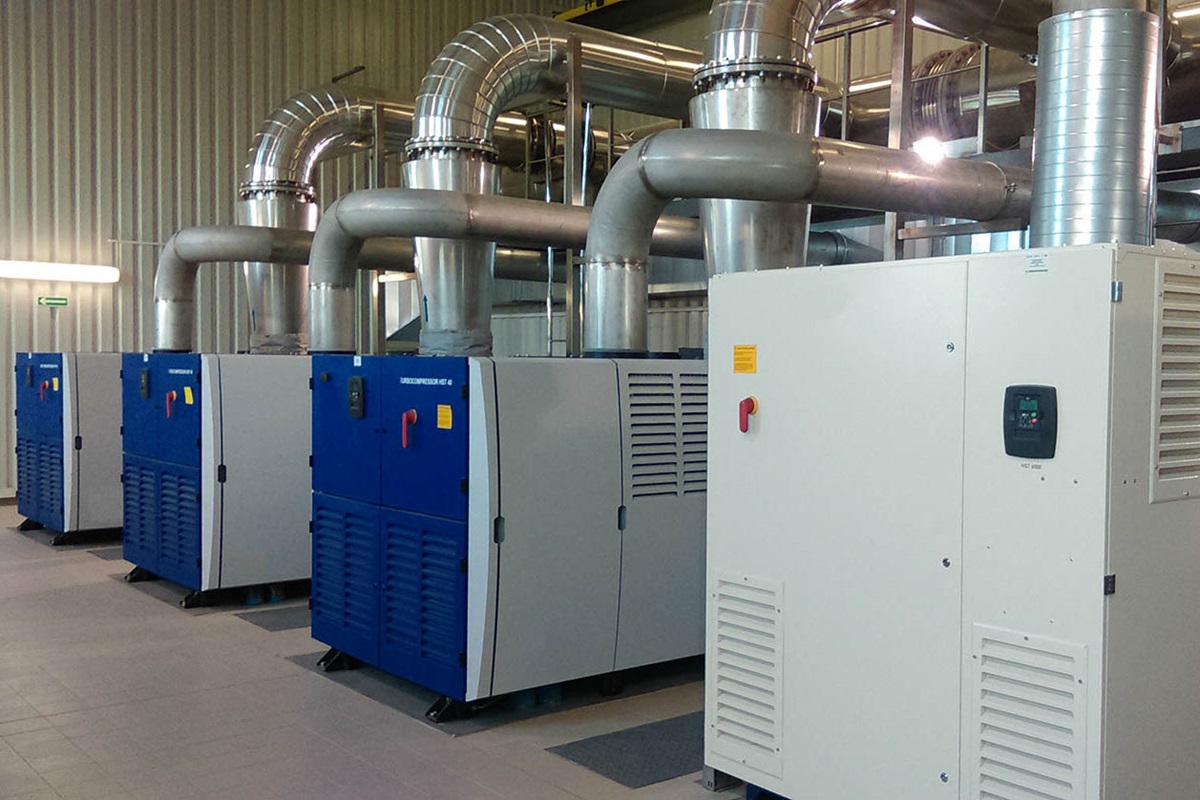 HST™ turbo blowers with magnetic bearing in a compressor room at a wastewater treatment plant