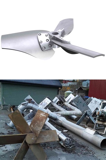 Great power savings could be achieved with Scaba hydrofoil high-efficiency impeller (top) versus pitch blade turbine (bottom).